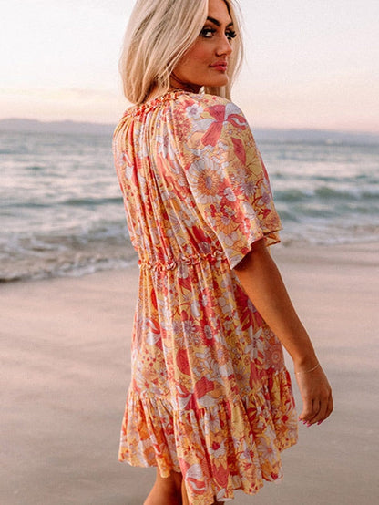 Orange Floral Bohemian Babydoll Dress with Flutter Sleeves