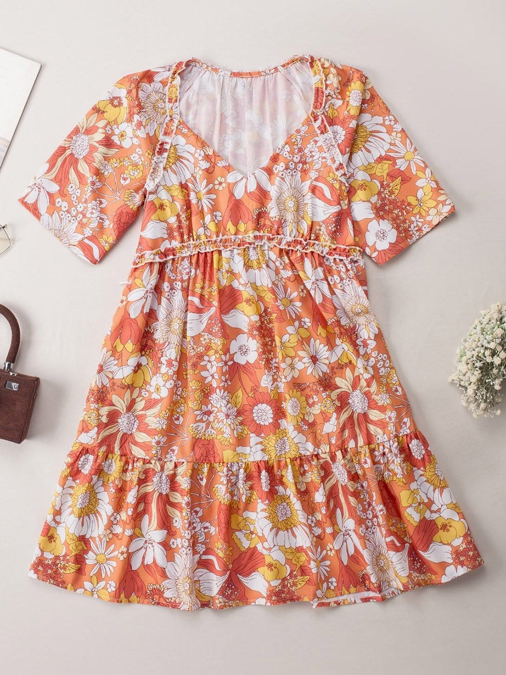 Orange Floral Bohemian Babydoll Dress with Flutter Sleeves