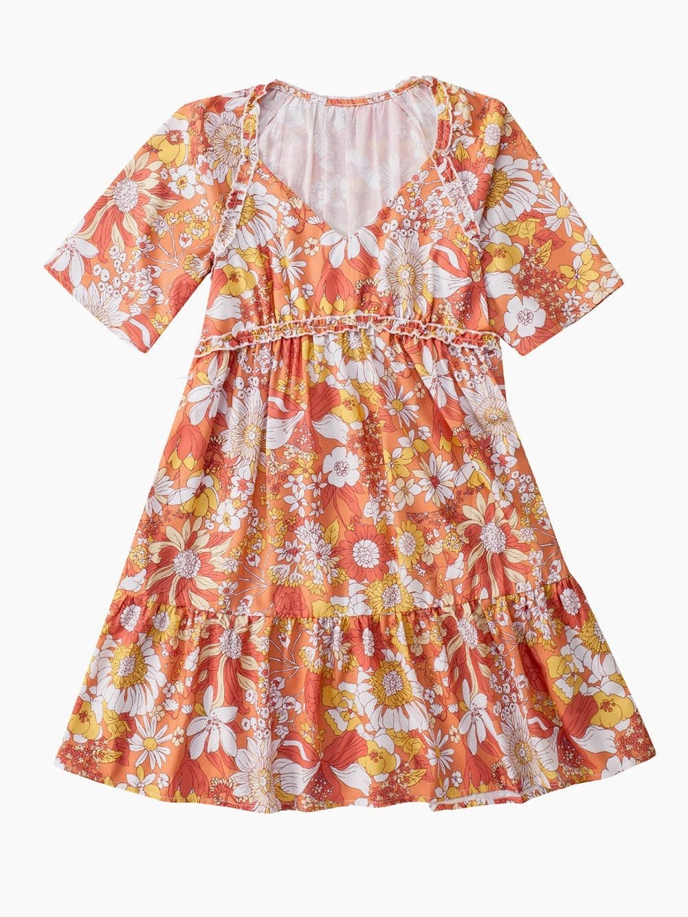 Orange Floral Bohemian Babydoll Dress with Flutter Sleeves