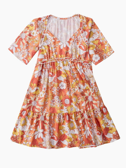 Orange Floral Bohemian Babydoll Dress with Flutter Sleeves
