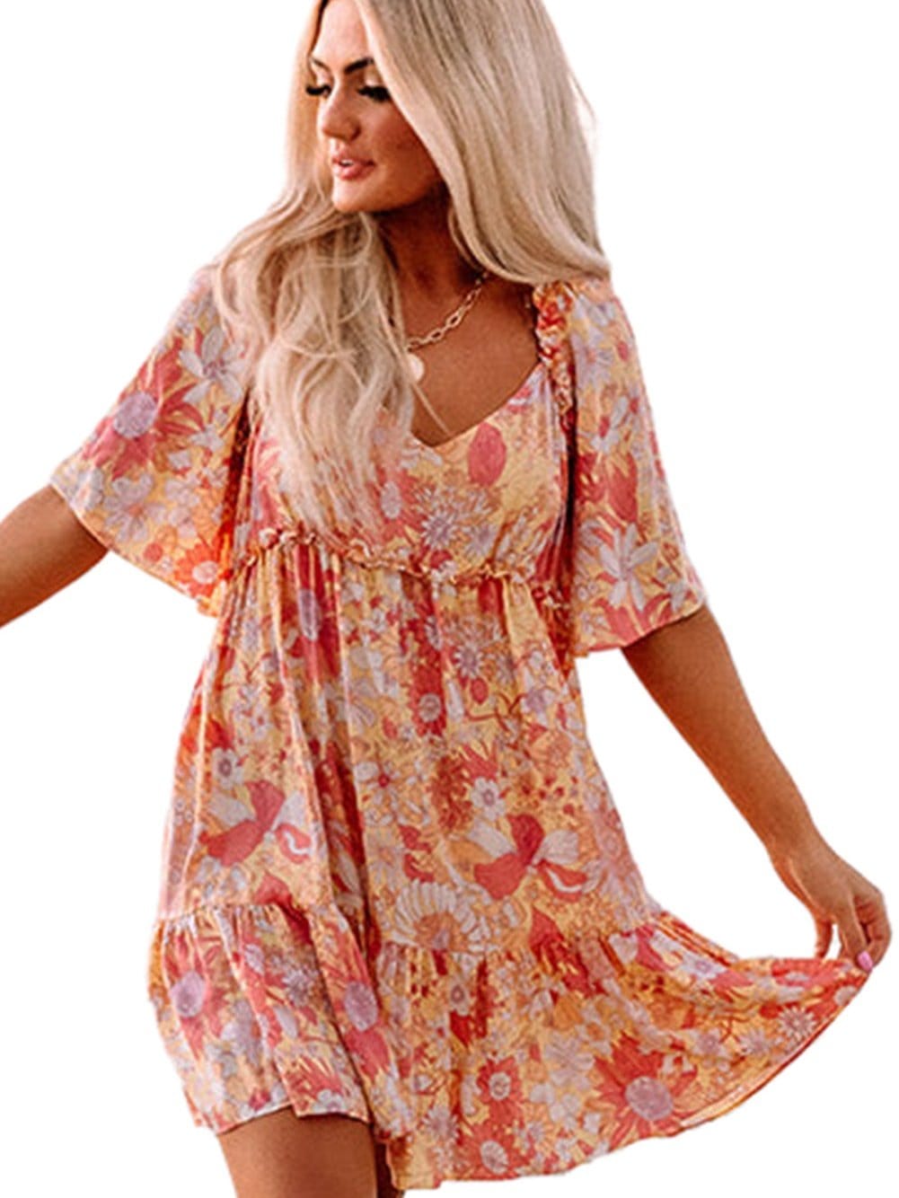 Orange Floral Bohemian Babydoll Dress with Flutter Sleeves