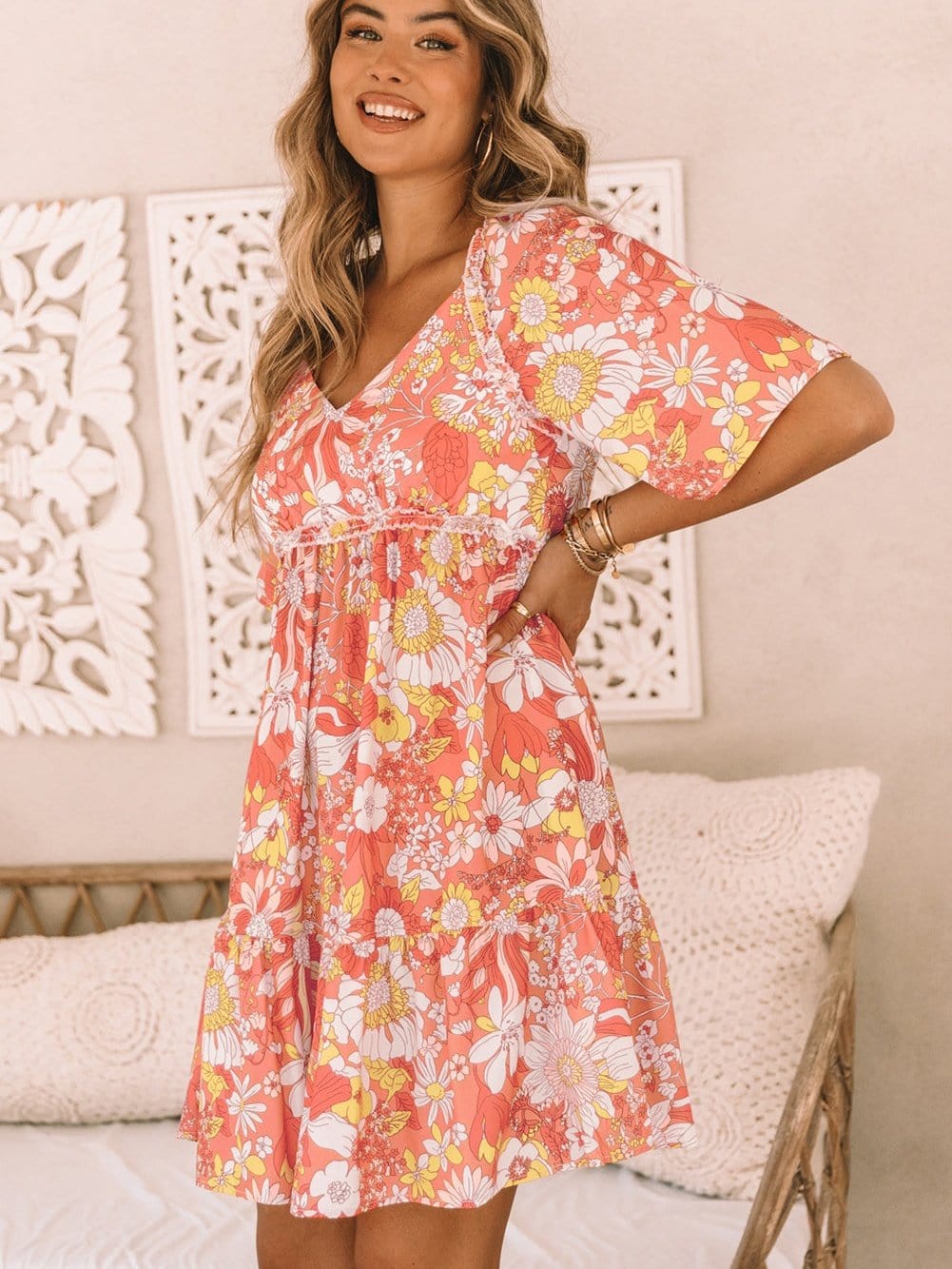 Orange Floral Bohemian Babydoll Dress with Flutter Sleeves