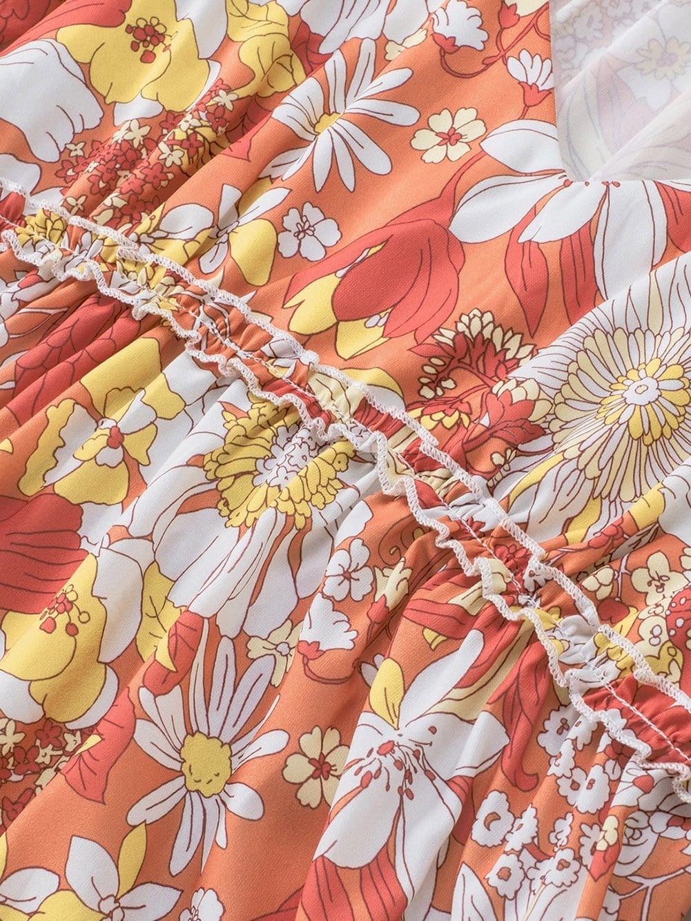 Orange Floral Bohemian Babydoll Dress with Flutter Sleeves