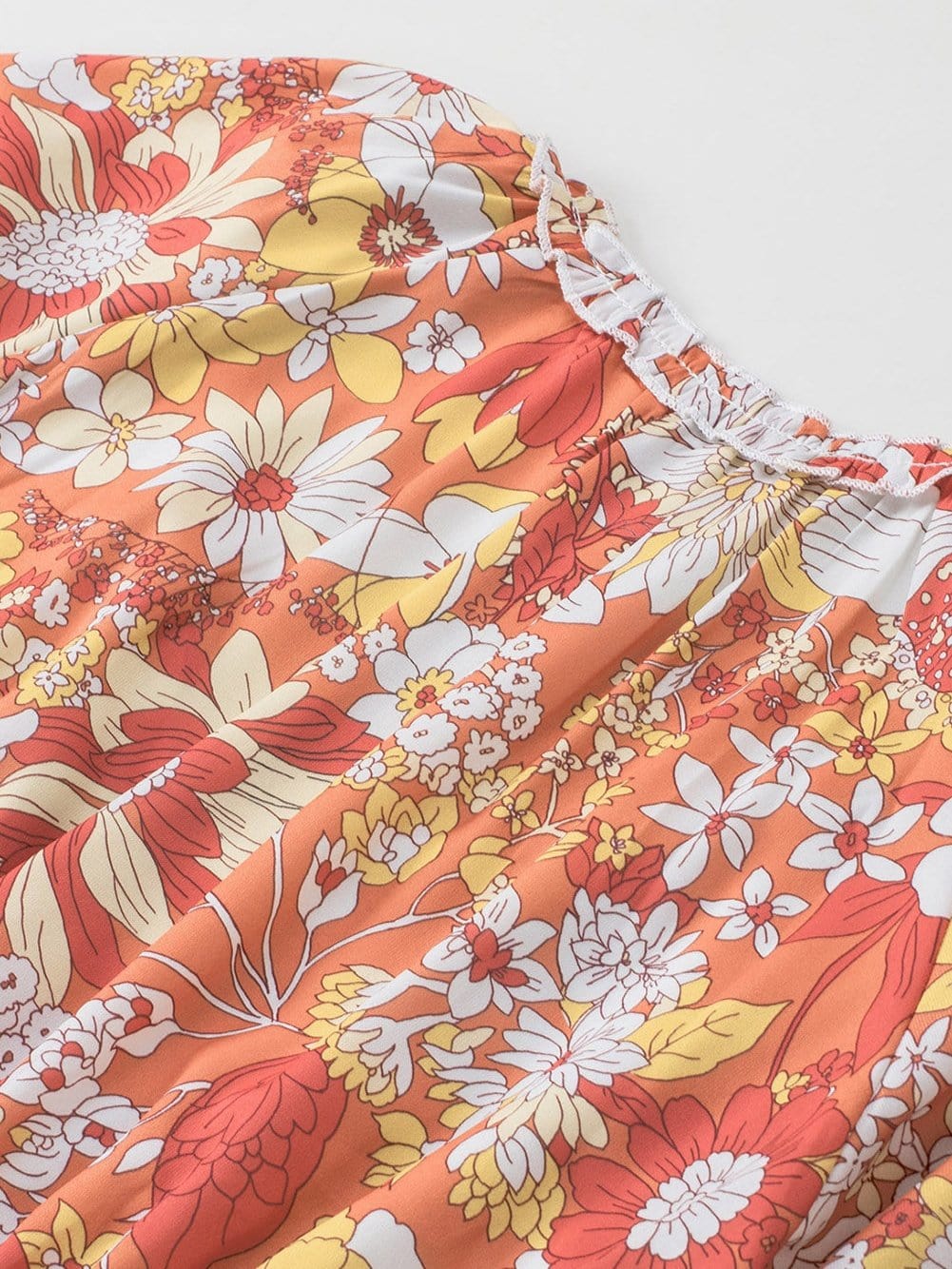 Orange Floral Bohemian Babydoll Dress with Flutter Sleeves
