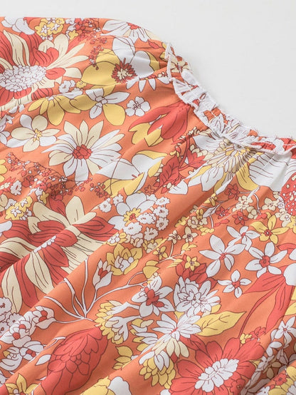 Orange Floral Bohemian Babydoll Dress with Flutter Sleeves