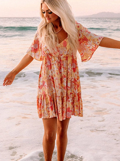 Orange Floral Bohemian Babydoll Dress with Flutter Sleeves