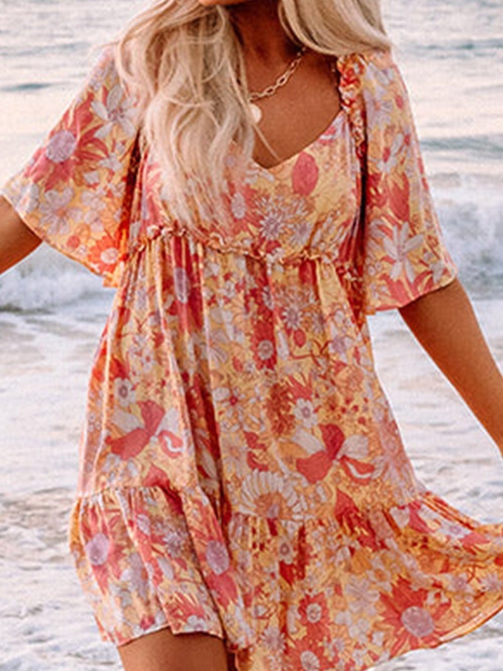 Orange Floral Bohemian Babydoll Dress with Flutter Sleeves