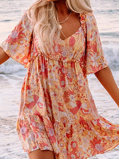 Orange Floral Bohemian Babydoll Dress with Flutter Sleeves
