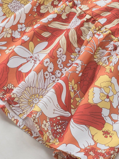 Orange Floral Bohemian Babydoll Dress with Flutter Sleeves