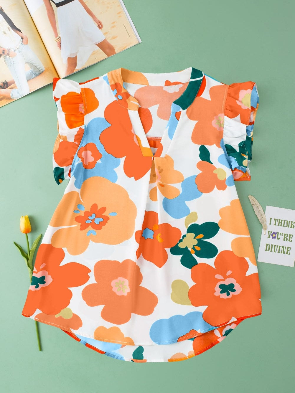 Orange Floral Notched V Neck Ruffled Sleeve Blouse - Women's Flowy Summer Top