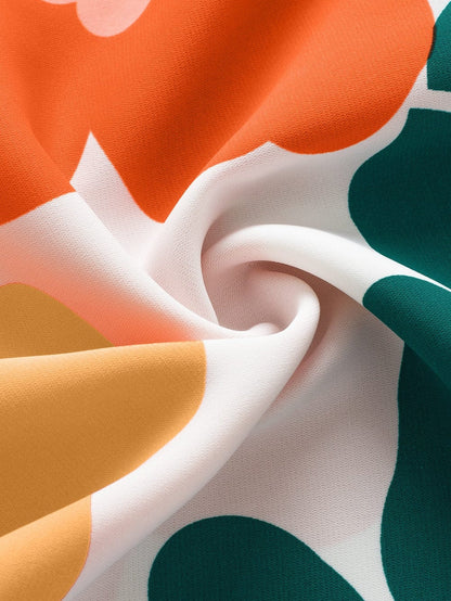 Orange Floral Notched V Neck Ruffled Sleeve Blouse - Women's Flowy Summer Top