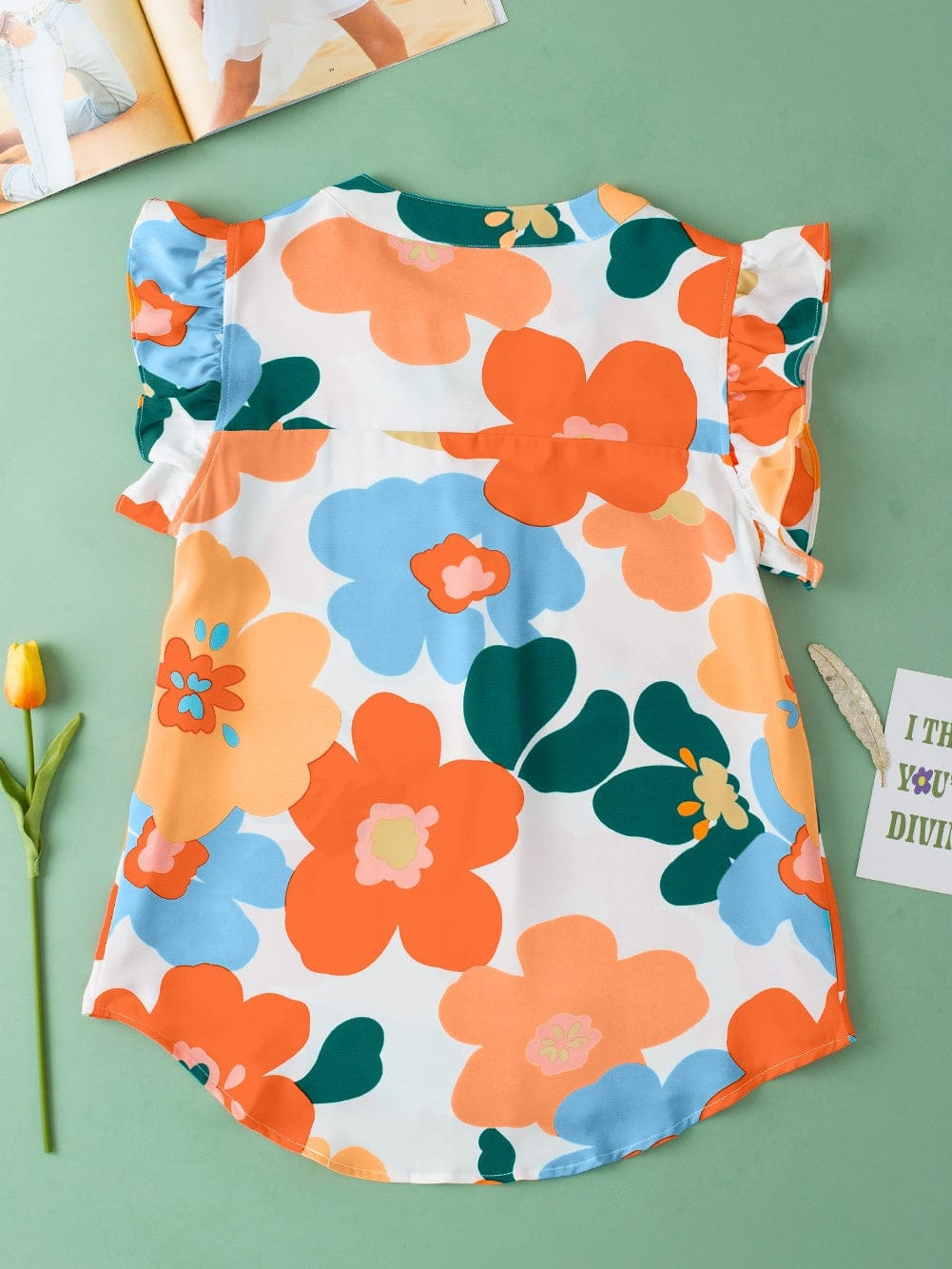 Orange Floral Notched V Neck Ruffled Sleeve Blouse - Women's Flowy Summer Top