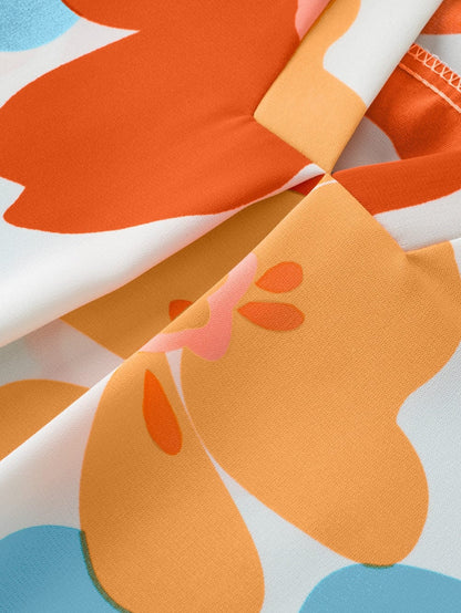 Orange Floral Notched V Neck Ruffled Sleeve Blouse - Women's Flowy Summer Top