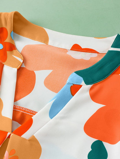 Orange Floral Notched V Neck Ruffled Sleeve Blouse - Women's Flowy Summer Top