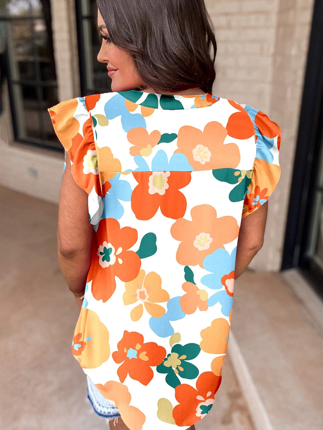 Orange Floral Notched V Neck Ruffled Sleeve Blouse - Women's Flowy Summer Top