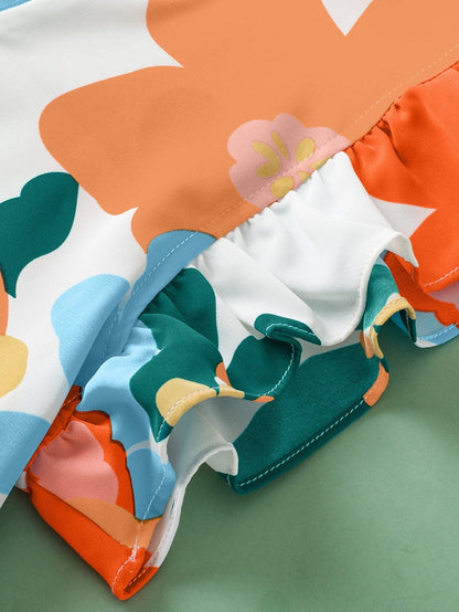 Orange Floral Notched V Neck Ruffled Sleeve Blouse - Women's Flowy Summer Top