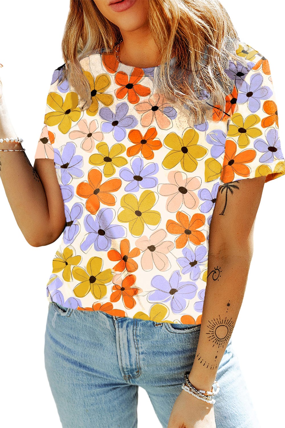 Orange Floral Print Summer Casual T-Shirt with Round Neck