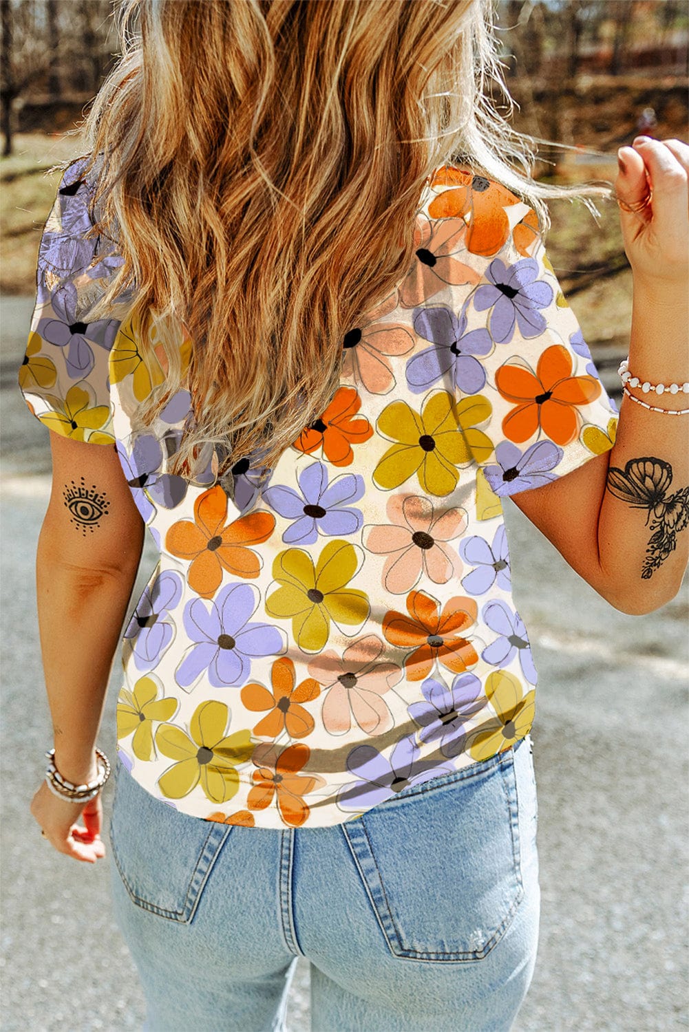 Orange Floral Print Summer Casual T-Shirt with Round Neck
