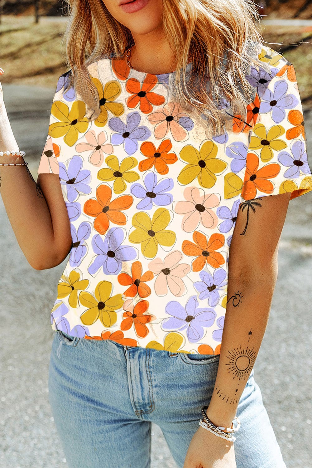 Orange Floral Print Summer Casual T-Shirt with Round Neck