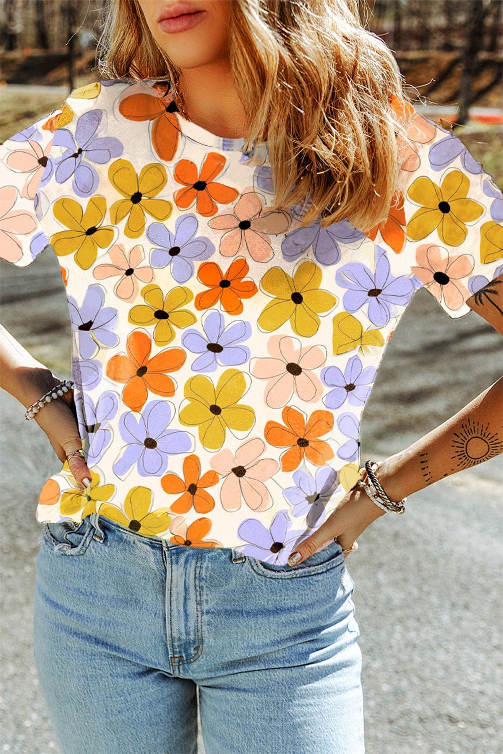 Orange Floral Print Summer Casual T-Shirt with Round Neck