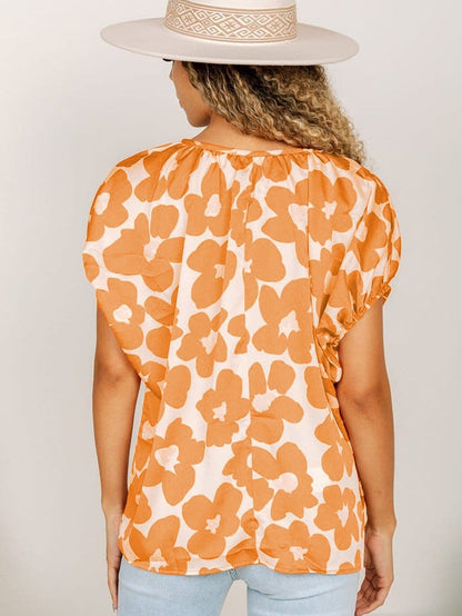 Orange Floral Satin Puff Sleeve Tie Neck Top