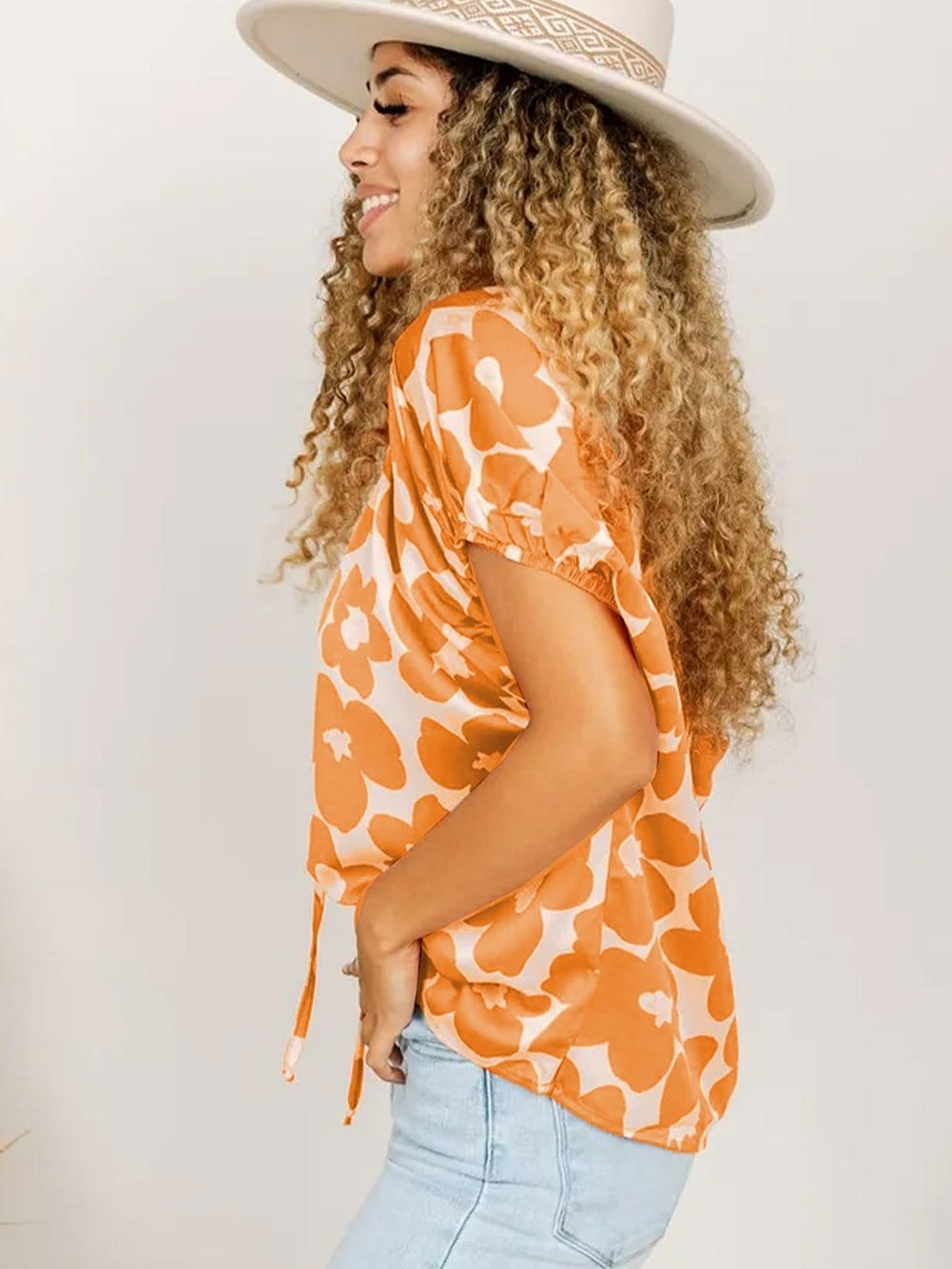 Orange Floral Satin Puff Sleeve Tie Neck Top
