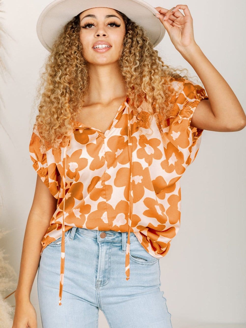 Orange Floral Satin Puff Sleeve Tie Neck Top