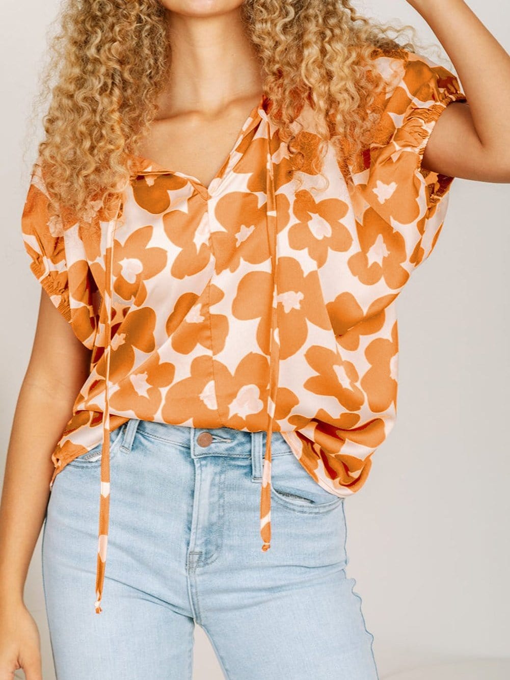 Orange Floral Satin Puff Sleeve Tie Neck Top