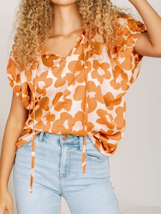 Orange Floral Satin Puff Sleeve Tie Neck Top