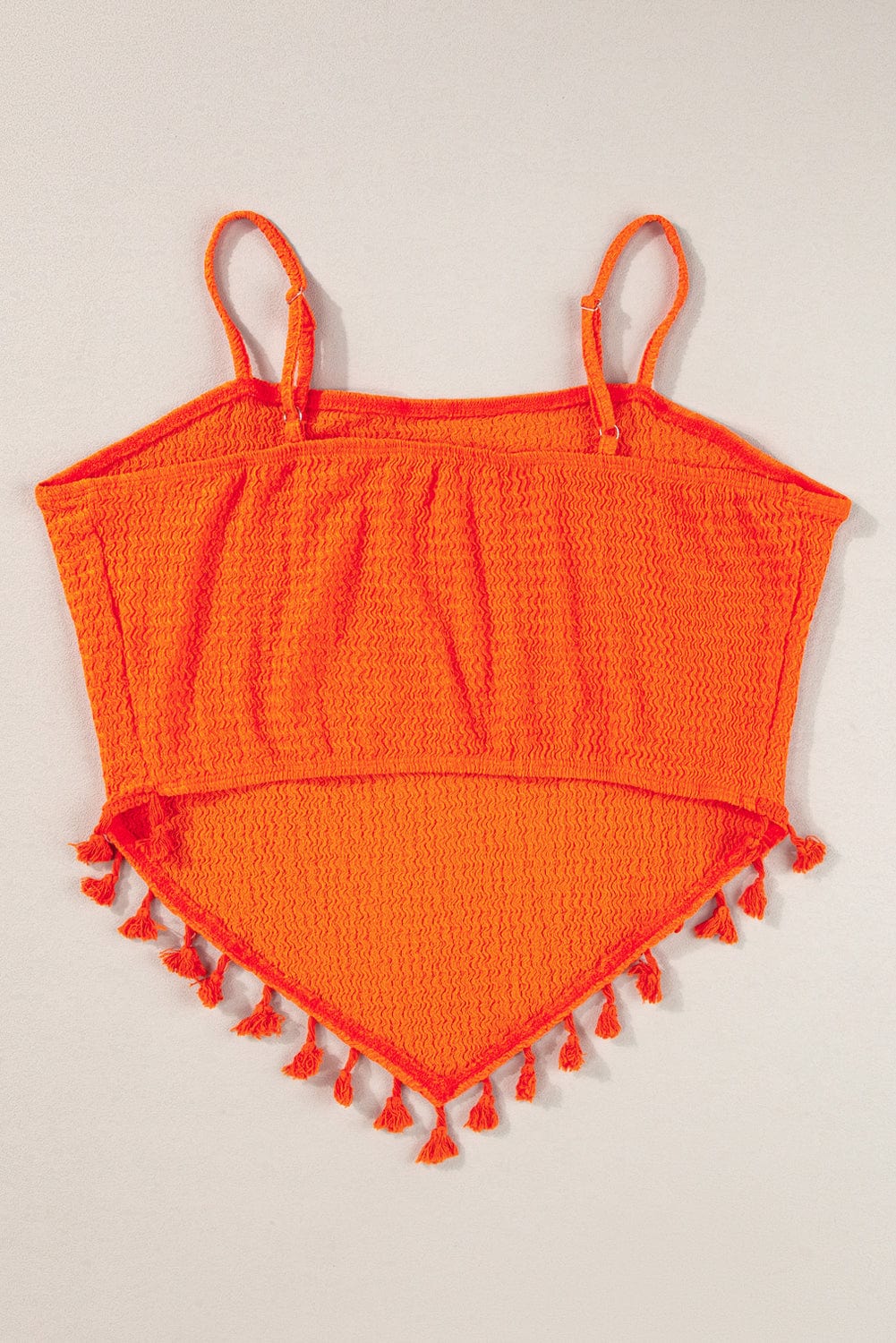 Orange Fringed Textured Spaghetti Strap Tank Top