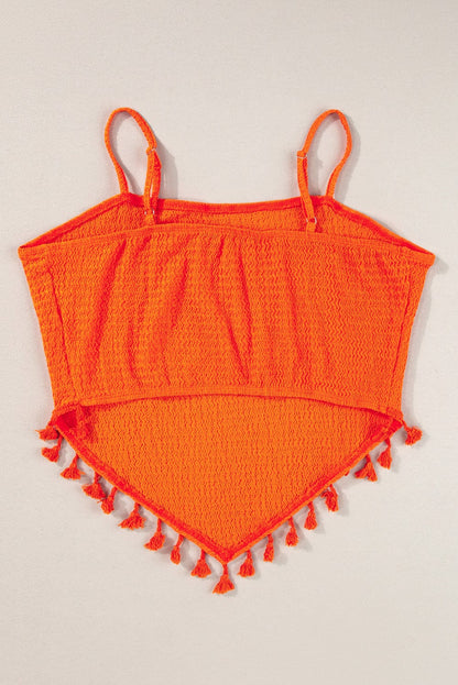 Orange Fringed Textured Spaghetti Strap Tank Top