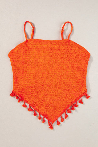 Orange Fringed Textured Spaghetti Strap Tank Top