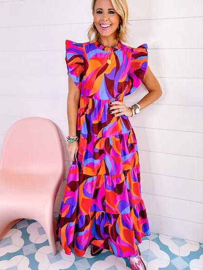 Orange Geometric Printed Frilled Tiered Maxi Dress