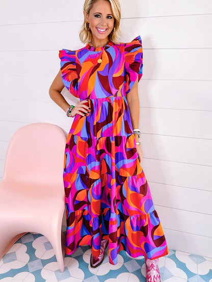 Orange Geometric Printed Frilled Tiered Maxi Dress