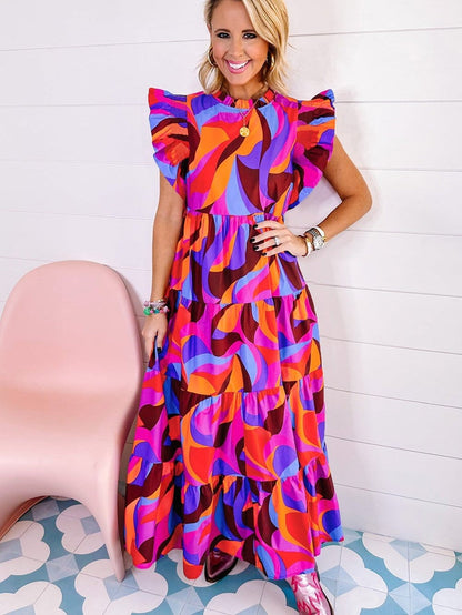 Orange Geometric Printed Frilled Tiered Maxi Dress
