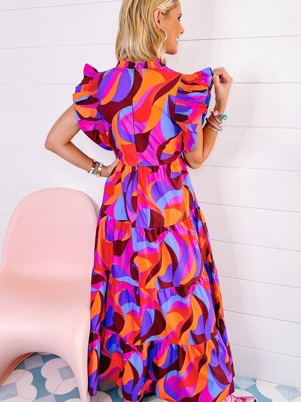 Orange Geometric Printed Frilled Tiered Maxi Dress