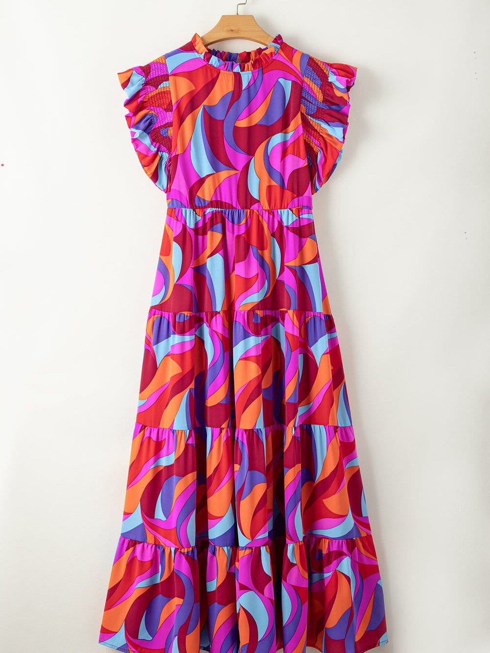 Orange Geometric Printed Frilled Tiered Maxi Dress