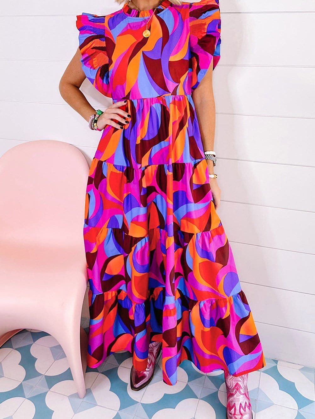 Orange Geometric Printed Frilled Tiered Maxi Dress