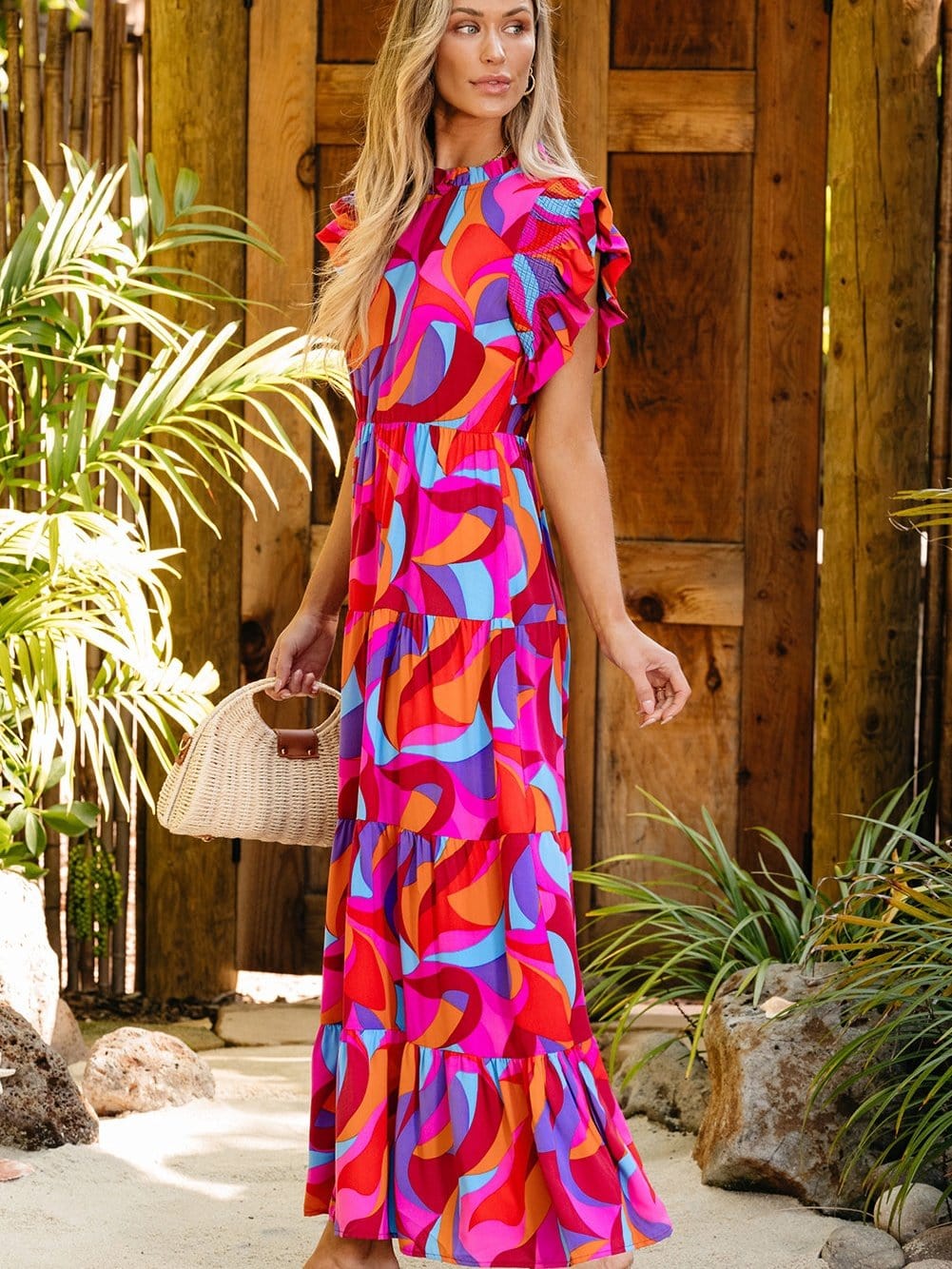 Orange Geometric Printed Frilled Tiered Maxi Dress