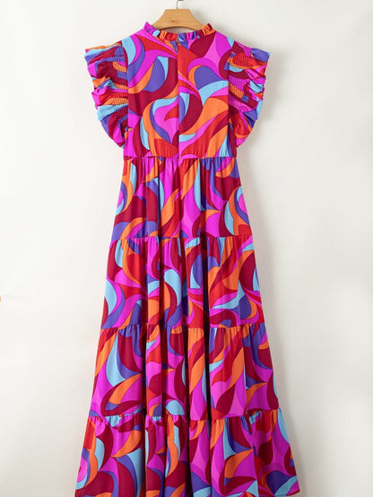 Orange Geometric Printed Frilled Tiered Maxi Dress