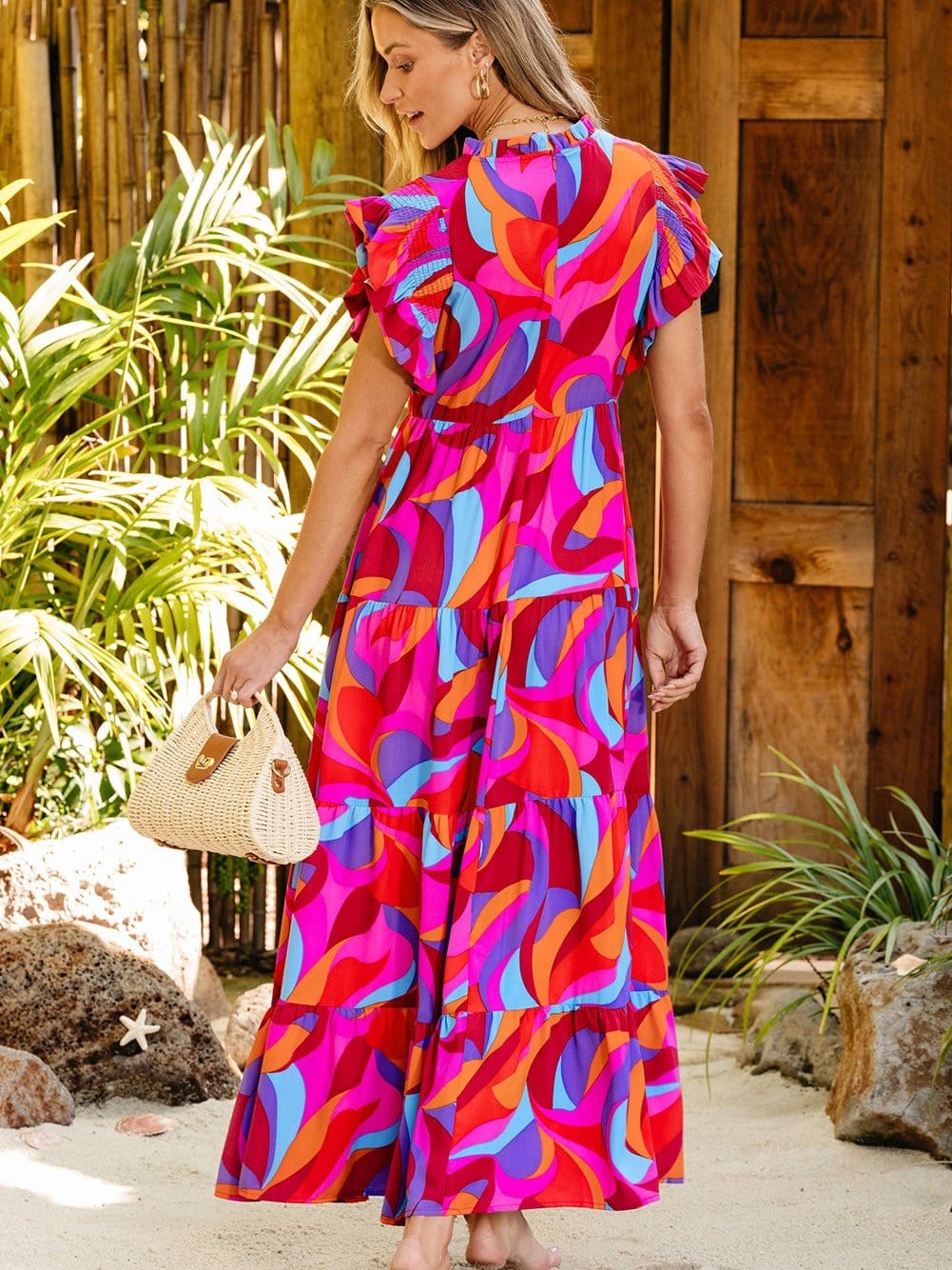 Orange Geometric Printed Frilled Tiered Maxi Dress