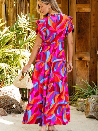 Orange Geometric Printed Frilled Tiered Maxi Dress