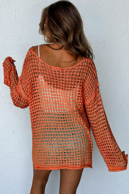 Orange Hollow-Out Crochet Bell Sleeve Tunic Sweater