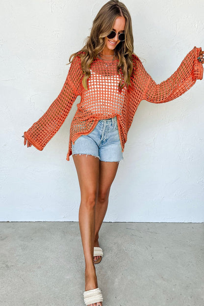 Orange Hollow-Out Crochet Bell Sleeve Tunic Sweater