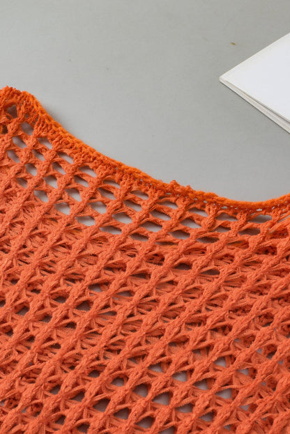 Orange Hollow-Out Crochet Bell Sleeve Tunic Sweater