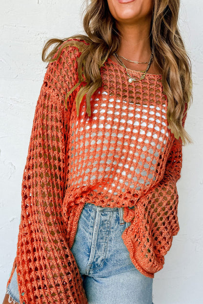 Orange Hollow-Out Crochet Bell Sleeve Tunic Sweater