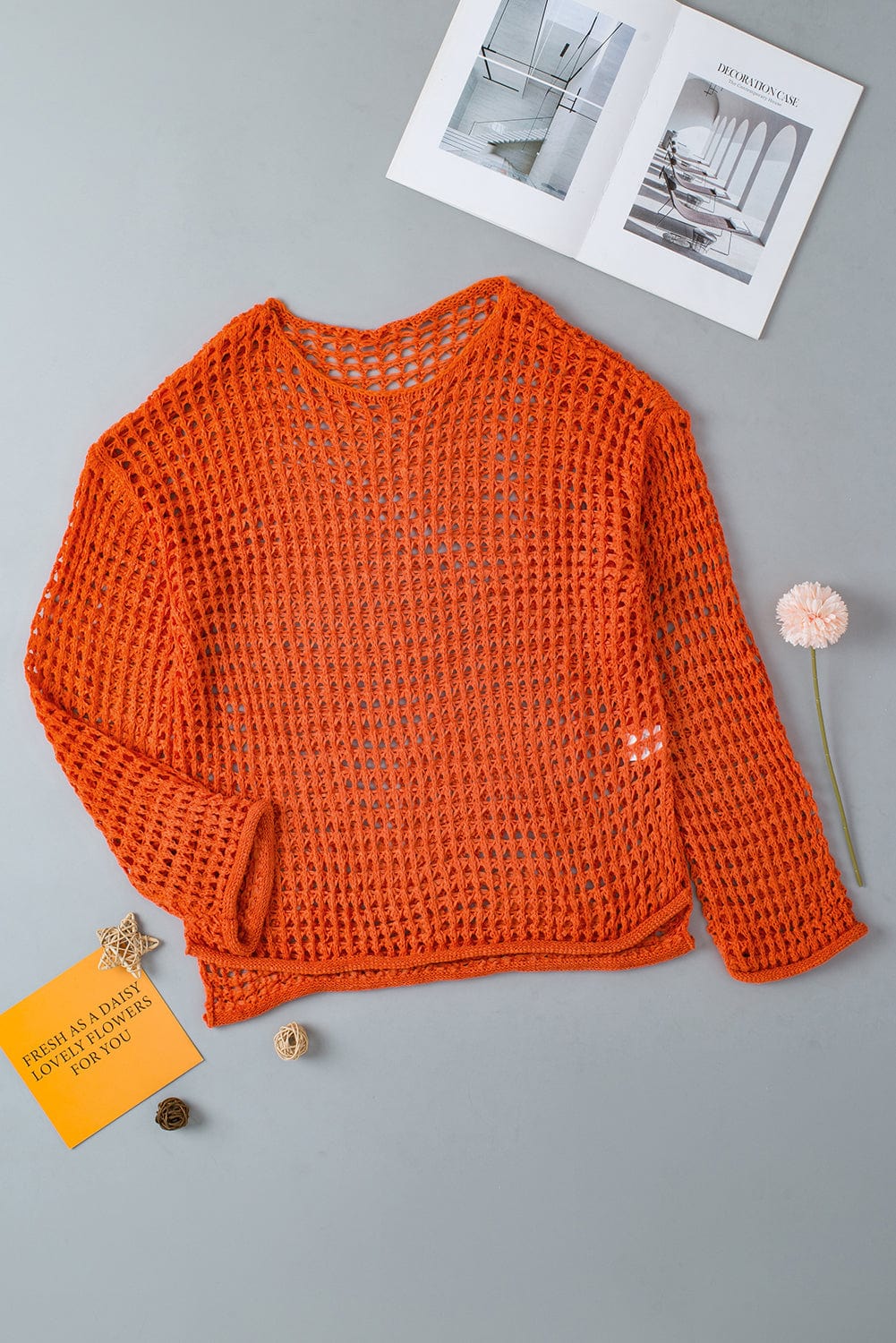Orange Hollow-Out Crochet Bell Sleeve Tunic Sweater