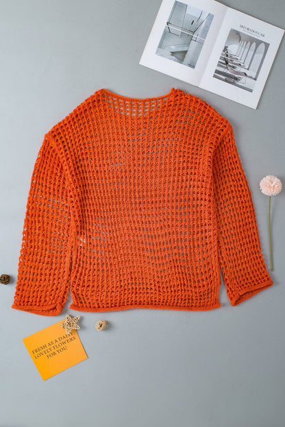 Orange Hollow-Out Crochet Bell Sleeve Tunic Sweater