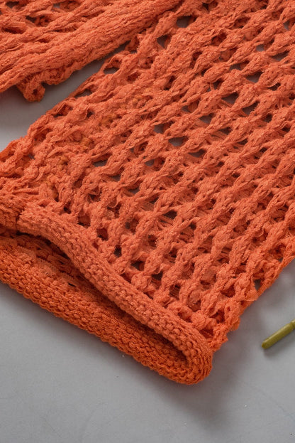Orange Hollow-Out Crochet Bell Sleeve Tunic Sweater