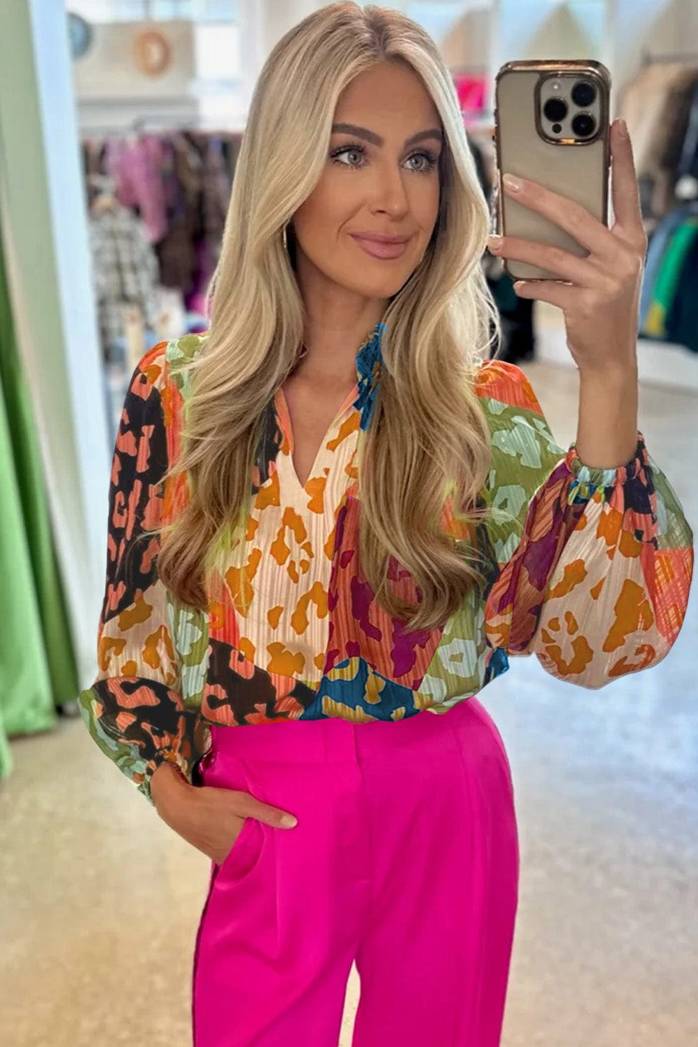 Orange Leopard Print Pleated Blouse with Patchwork Accents